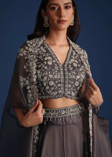 Dark Grey Asymmetric Organza Jacket With Crop Top And Draped Skirt