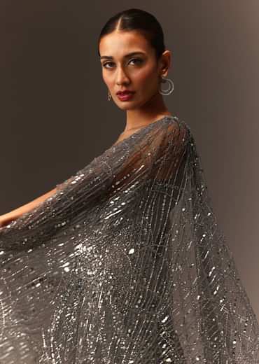 Dark Grey Sequins Gown With Attached Cape Sleeves