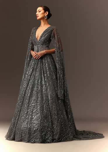 Dark Grey Sequins Gown With Attached Cape Sleeves