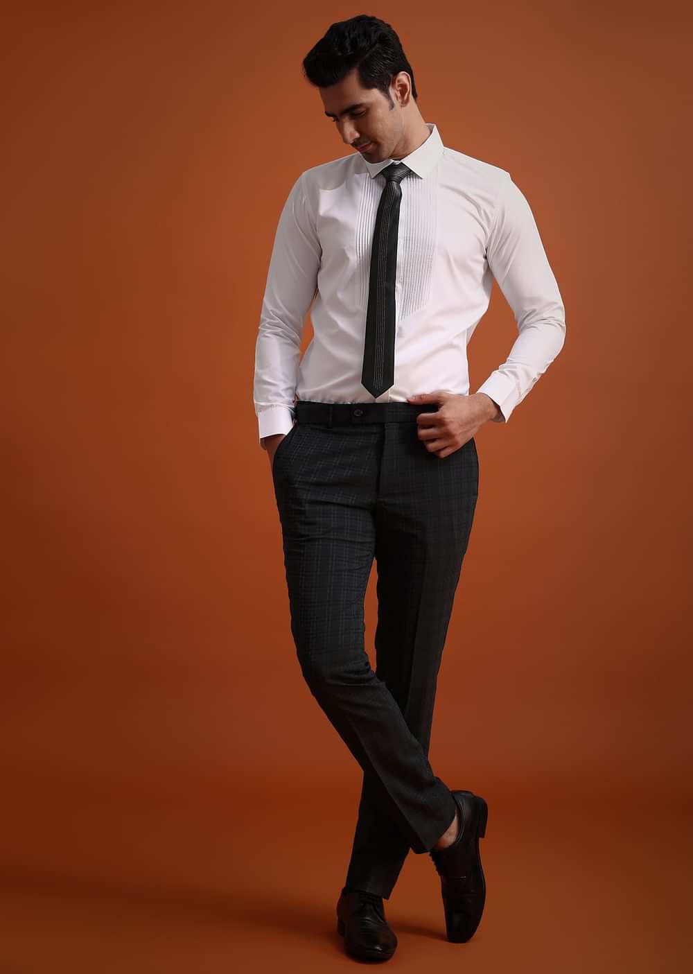 Dark Grey Tuxedo And Pant Set With Checkered Detail