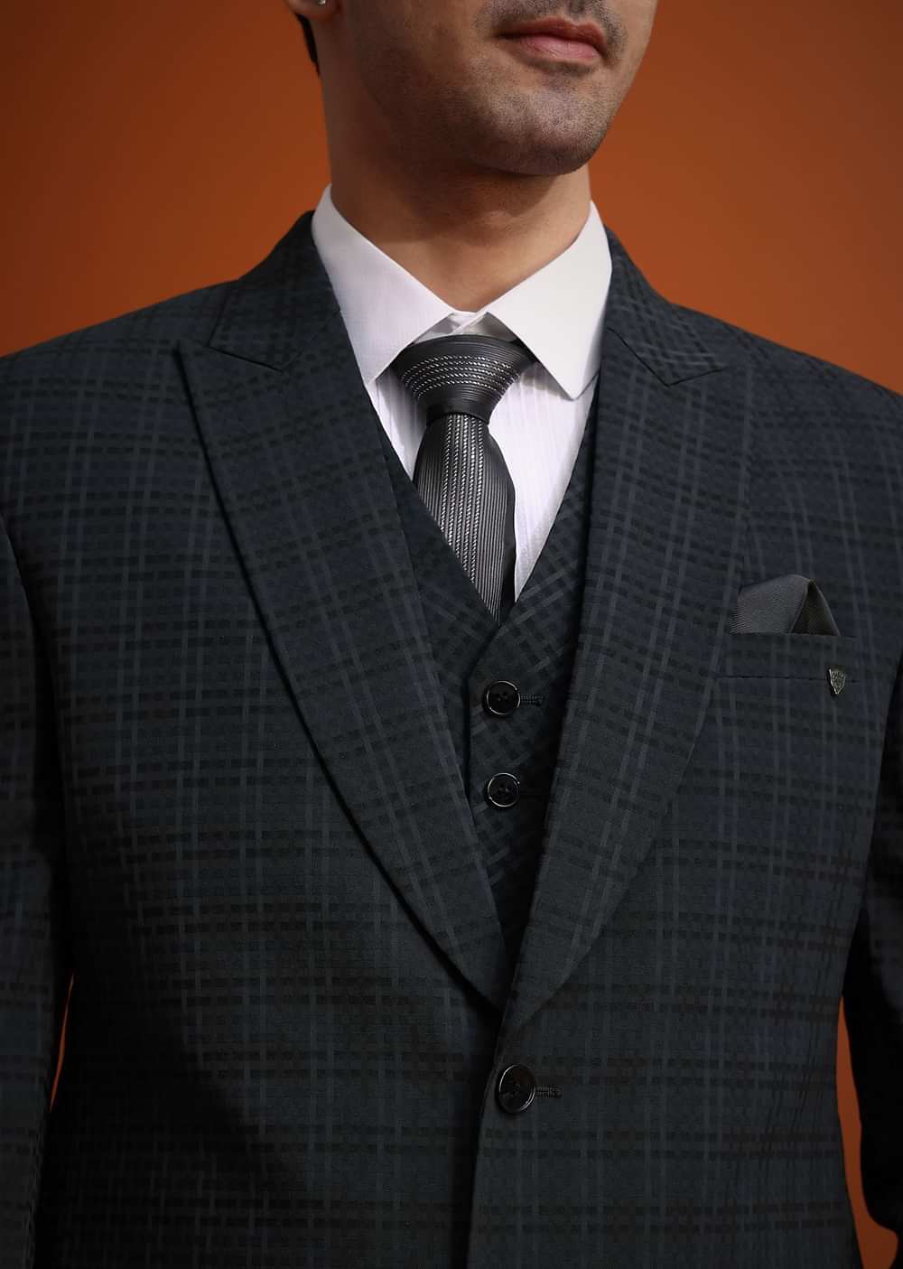 Dark Grey Tuxedo And Pant Set With Checkered Detail