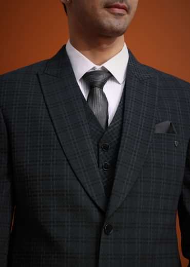 Dark Grey Tuxedo And Pant Set With Checkered Detail