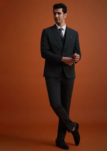 Dark Grey Tuxedo And Pant Set With Checkered Detail