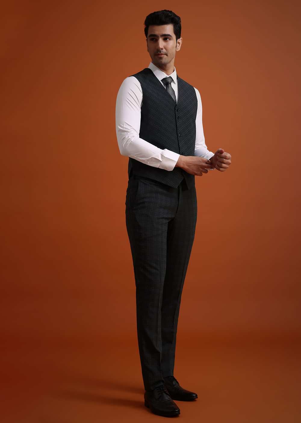 Dark Grey Tuxedo And Pant Set With Checkered Detail