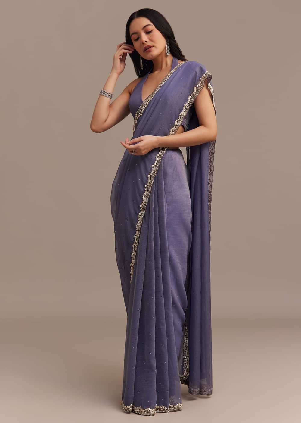 Dark Lavender Crushed Tissue Saree With Stone And Cutdana Embellished Border