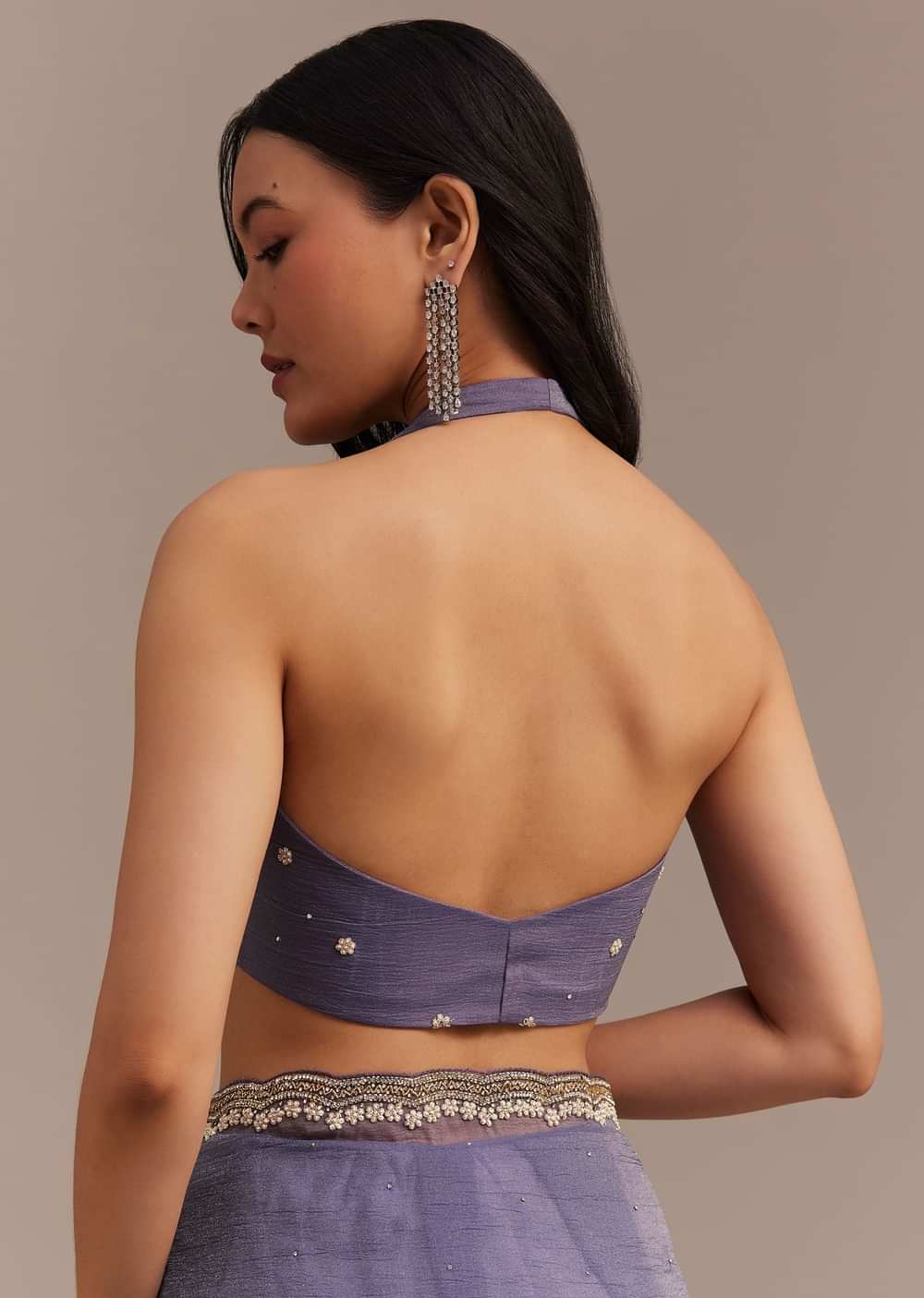 Dark Lavender Crushed Tissue Saree With Stone And Cutdana Embellished Border