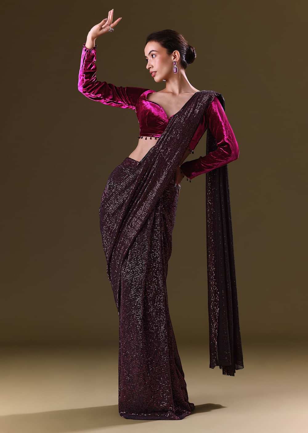 Purple Berry Pre Stitched Sequin Saree With Sweetheart Neck Blouse