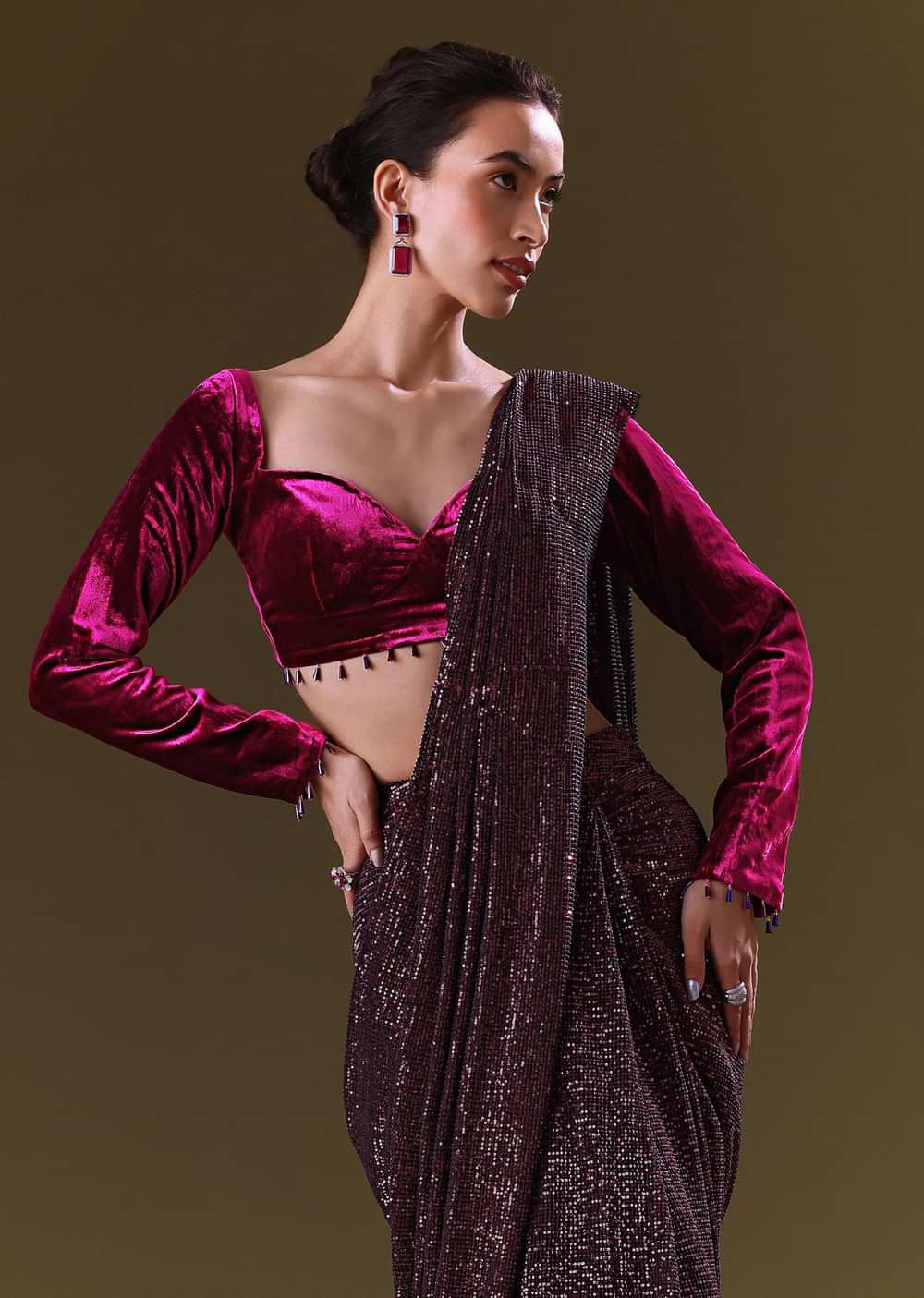 Purple Berry Pre Stitched Sequin Saree With Sweetheart Neck Blouse