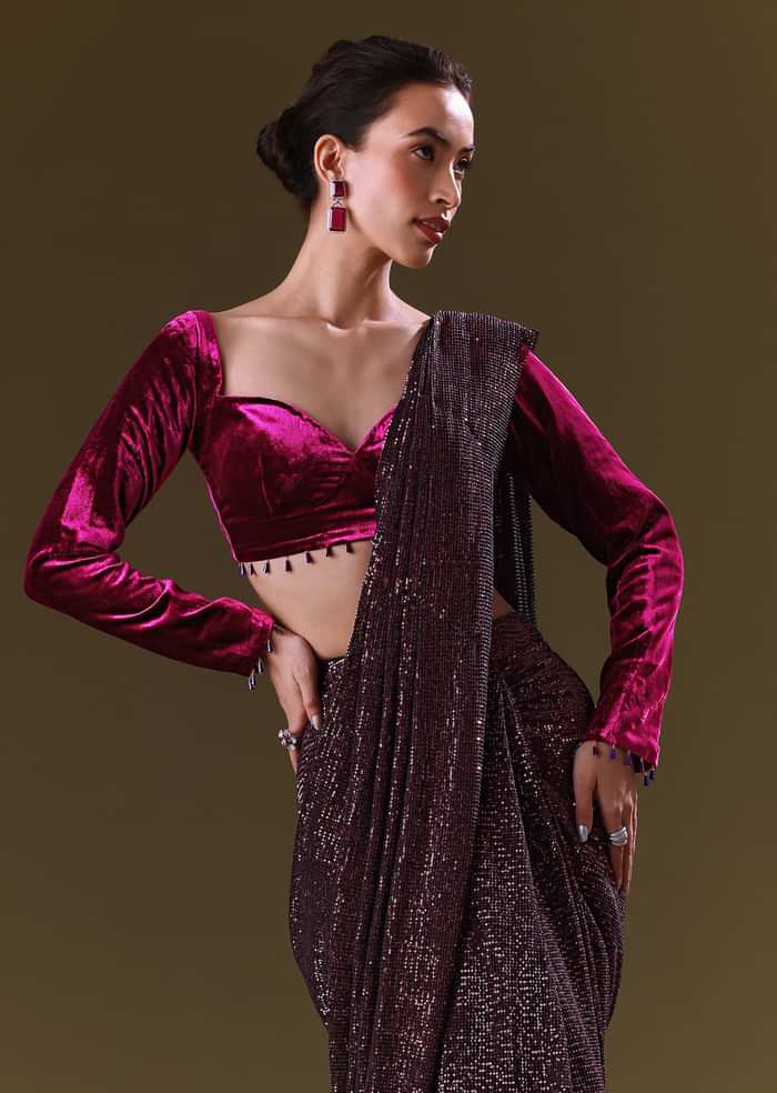 Purple Berry Pre Stitched Sequin Saree With Sweetheart Neck Blouse