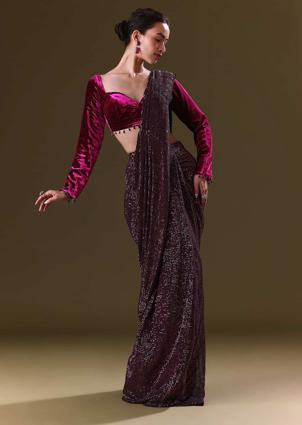 Purple Berry Pre Stitched Sequin Saree With Sweetheart Neck Blouse