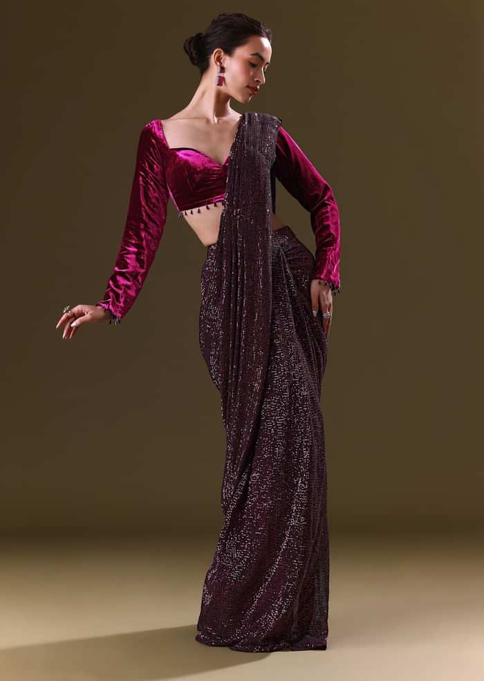 Purple Berry Pre Stitched Sequin Saree With Sweetheart Neck Blouse