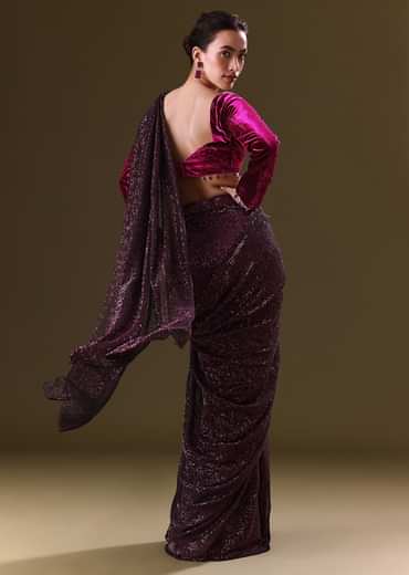 Purple Berry Pre Stitched Sequin Saree With Sweetheart Neck Blouse