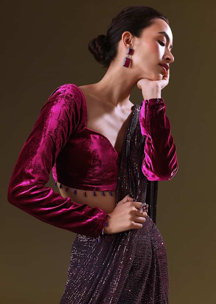 Purple Berry Pre Stitched Sequin Saree With Sweetheart Neck Blouse