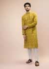 Dark Mustard Kurta Set In Silk With Lucknowi Thread Embroidered Floral Jaal