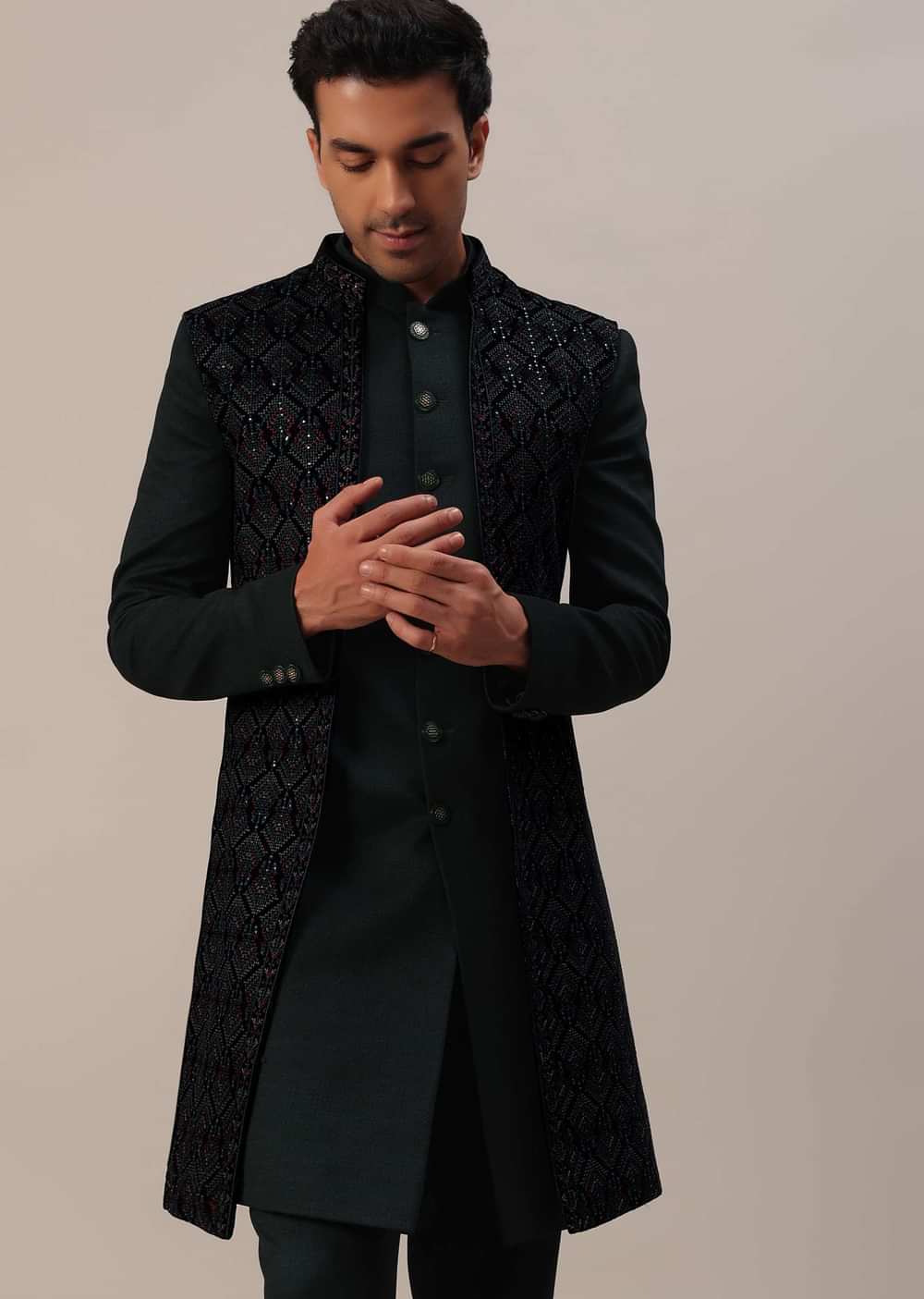 Dark Olive Green Velvet Indowestern With Threadwork And Sequins
