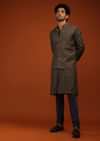 Dark Olive Nehru Jacket And Kurta Set Floral Motifs Print, A Matching Print Kurta In Full Sleeves