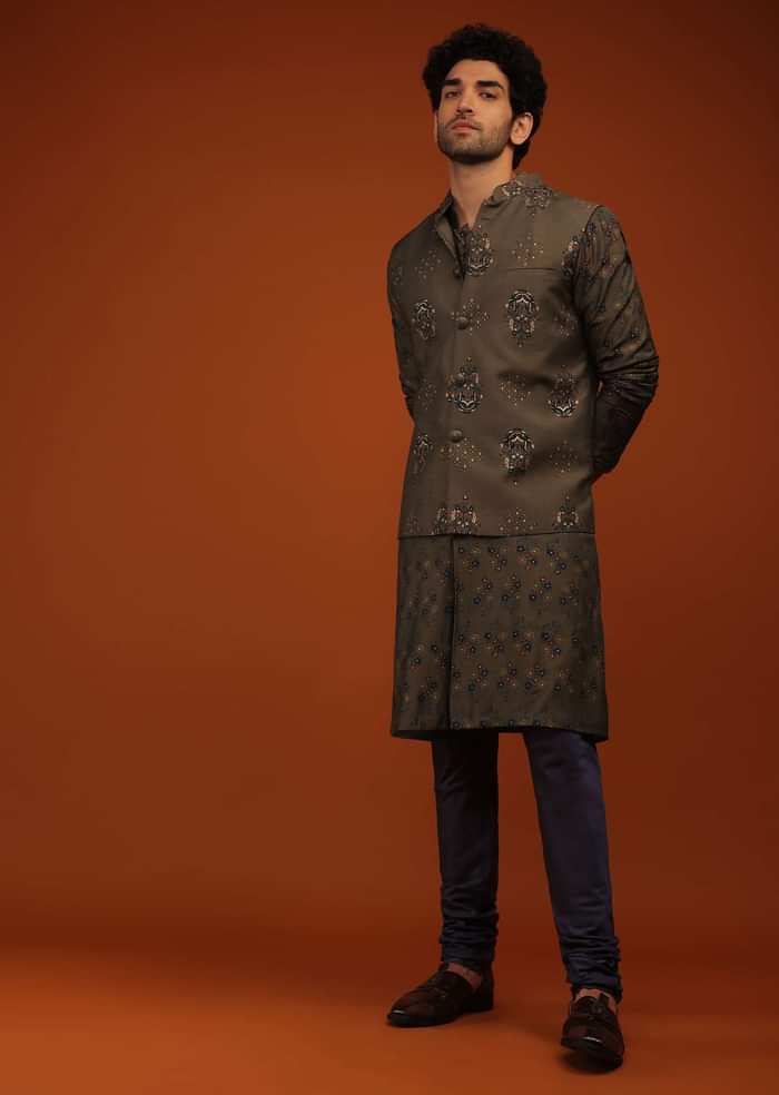 Dark Olive Nehru Jacket And Kurta Set Floral Motifs Print, A Matching Print Kurta In Full Sleeves