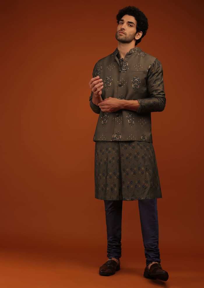 Dark Olive Nehru Jacket And Kurta Set Floral Motifs Print, A Matching Print Kurta In Full Sleeves