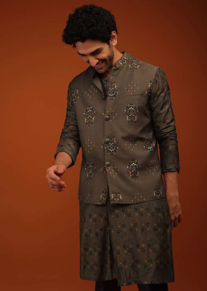 Dark Olive Nehru Jacket And Kurta Set Floral Motifs Print, A Matching Print Kurta In Full Sleeves