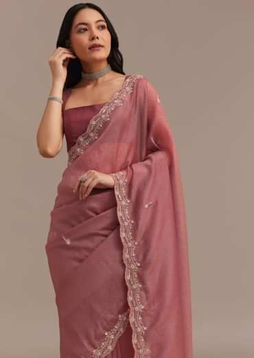 Dark Onion Pink Crushed Tissue Saree With Sequins And Cutdana Embroidery