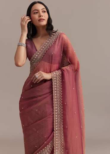 Dark Peach Crushed Tissue Saree With Cutdana And Sequins Border