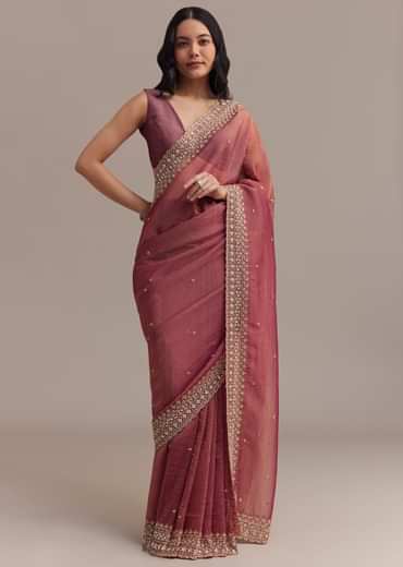 Dark Peach Crushed Tissue Saree With Cutdana And Sequins Border