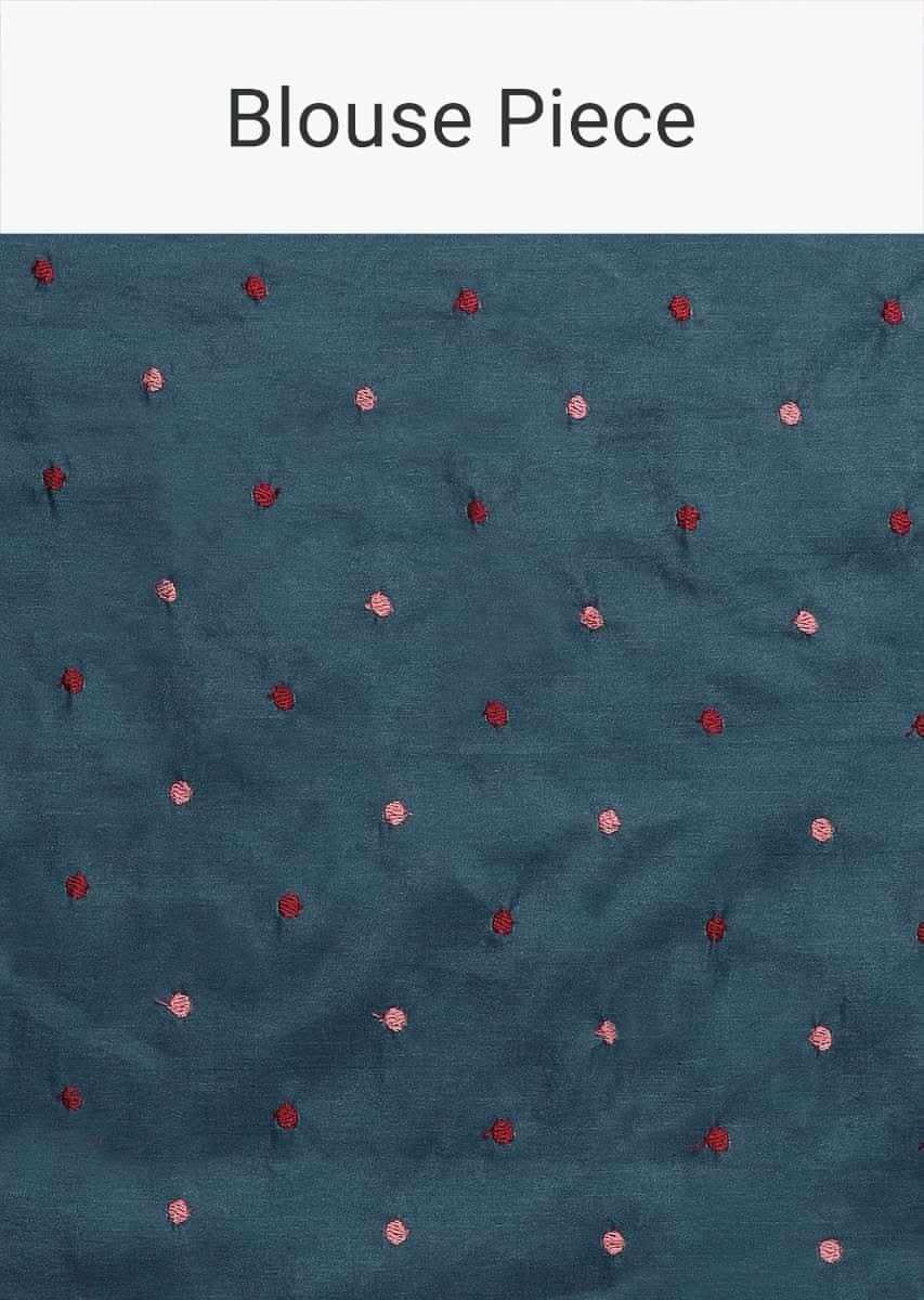 Dark Peacock Blue Saree In Silk With Colorful Resham Embroidered Rose Motifs Along The Border Online - Kalki Fashion