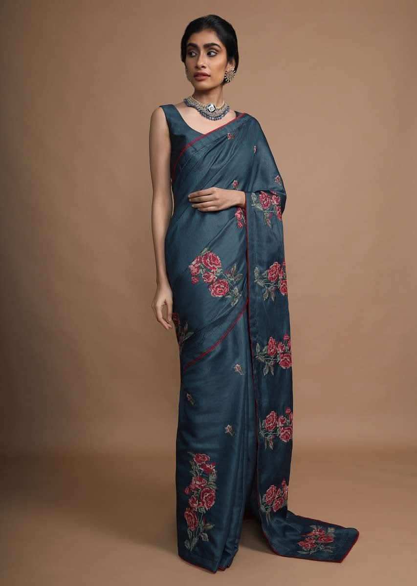 Dark Peacock Blue Saree In Silk With Colorful Resham Embroidered Rose Motifs Along The Border Online - Kalki Fashion
