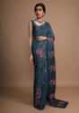 Dark Peacock Blue Saree In Silk With Colorful Resham Embroidered Rose Motifs Along The Border Online - Kalki Fashion