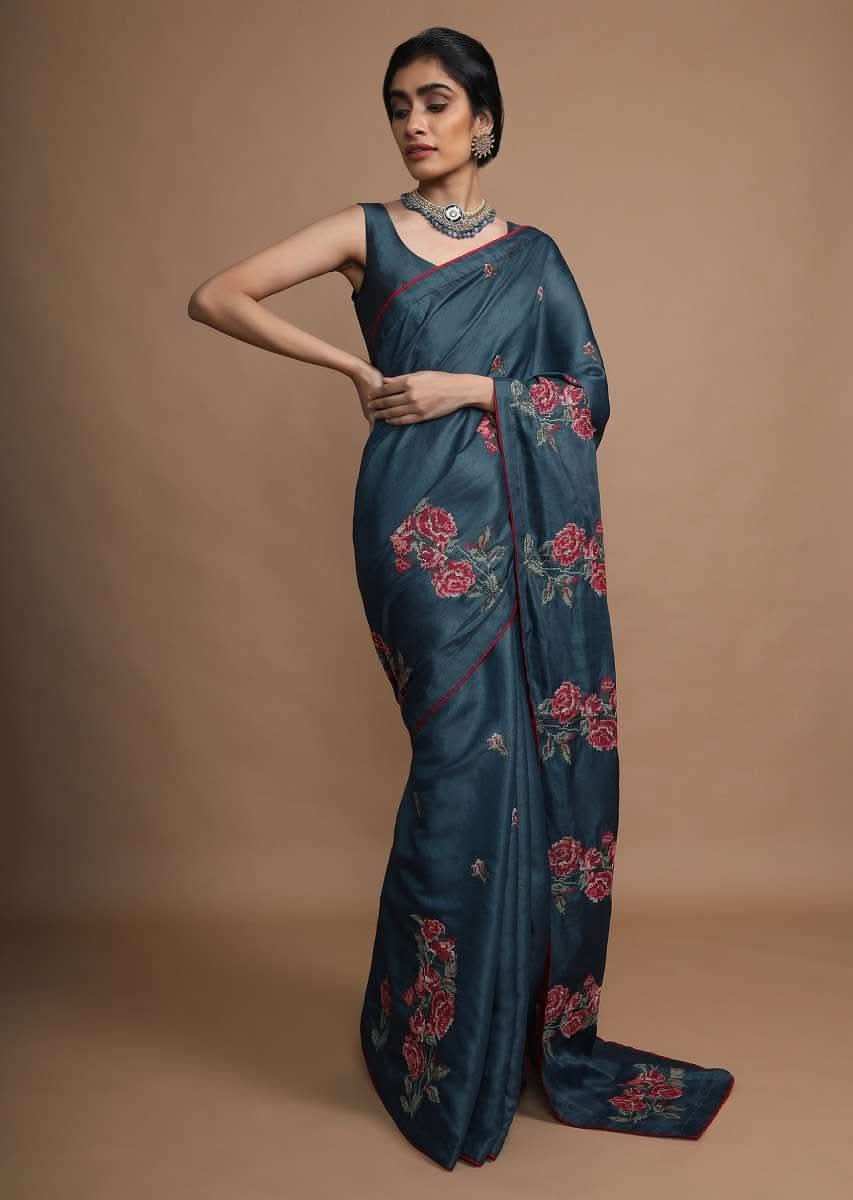 Dark Peacock Blue Saree In Silk With Colorful Resham Embroidered Rose Motifs Along The Border Online - Kalki Fashion