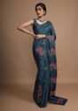 Dark Peacock Blue Saree In Silk With Colorful Resham Embroidered Rose Motifs Along The Border Online - Kalki Fashion