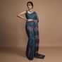 Dark Peacock Blue Saree In Silk With Colorful Resham Embroidered Rose Motifs Along The Border Online - Kalki Fashion