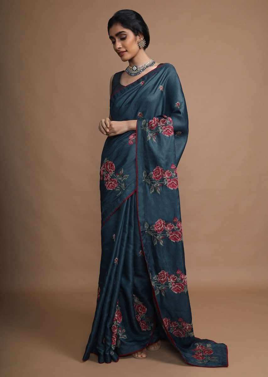 Dark Peacock Blue Saree In Silk With Colorful Resham Embroidered Rose Motifs Along The Border Online - Kalki Fashion