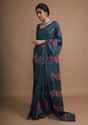Dark Peacock Blue Saree In Silk With Colorful Resham Embroidered Rose Motifs Along The Border Online - Kalki Fashion