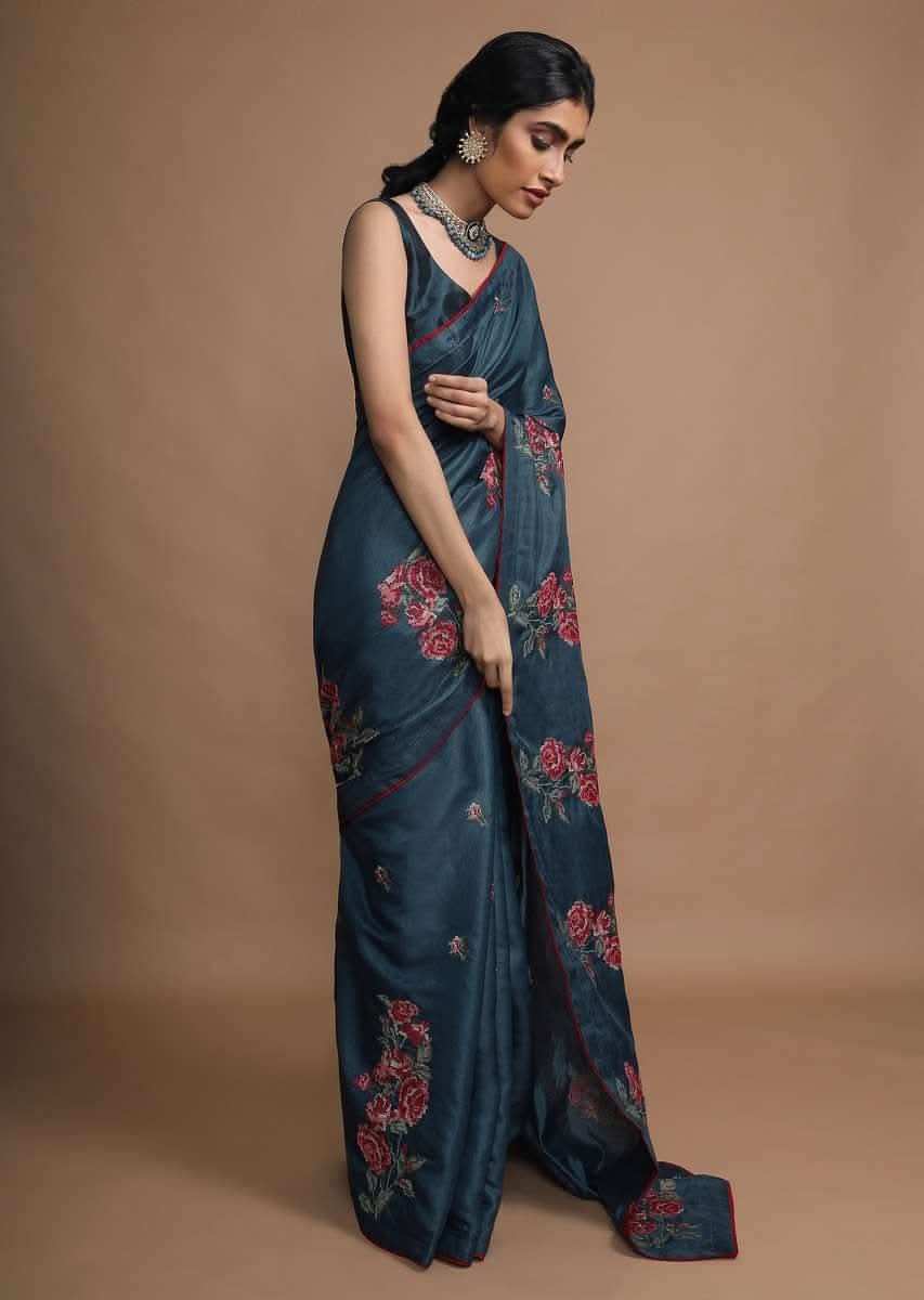 Dark Peacock Blue Saree In Silk With Colorful Resham Embroidered Rose Motifs Along The Border Online - Kalki Fashion