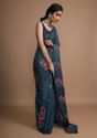 Dark Peacock Blue Saree In Silk With Colorful Resham Embroidered Rose Motifs Along The Border Online - Kalki Fashion