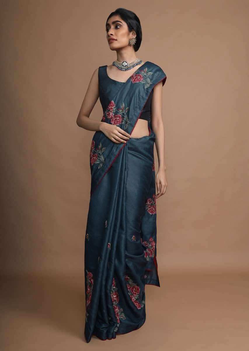 Dark Peacock Blue Saree In Silk With Colorful Resham Embroidered Rose Motifs Along The Border Online - Kalki Fashion