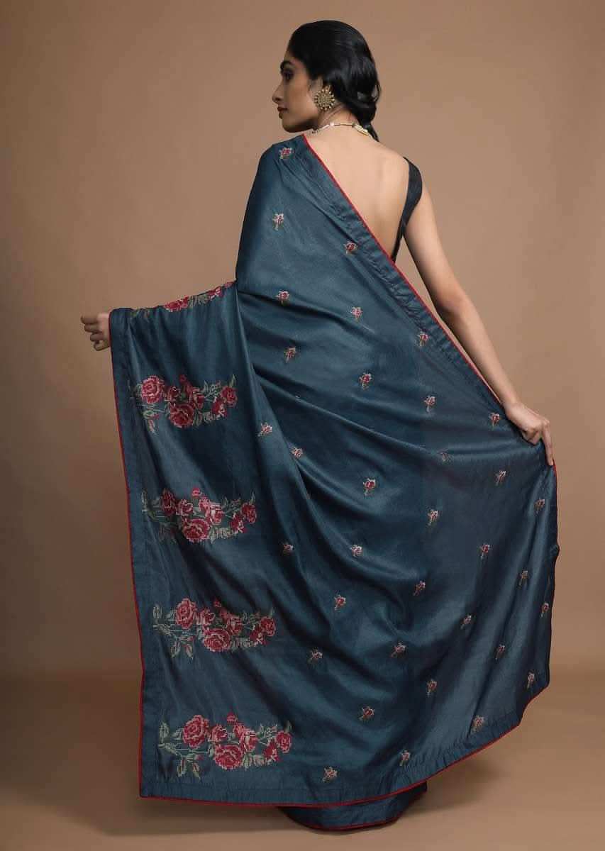 Dark Peacock Blue Saree In Silk With Colorful Resham Embroidered Rose Motifs Along The Border Online - Kalki Fashion