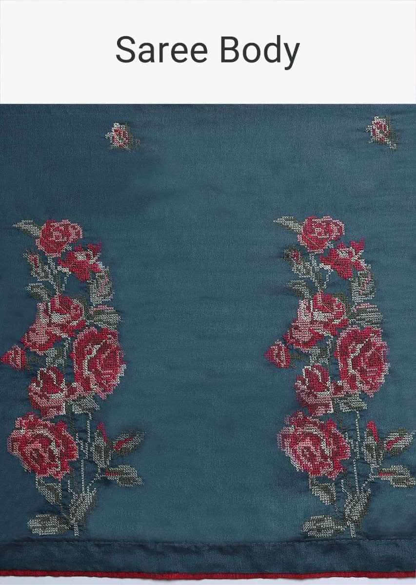 Dark Peacock Blue Saree In Silk With Colorful Resham Embroidered Rose Motifs Along The Border Online - Kalki Fashion