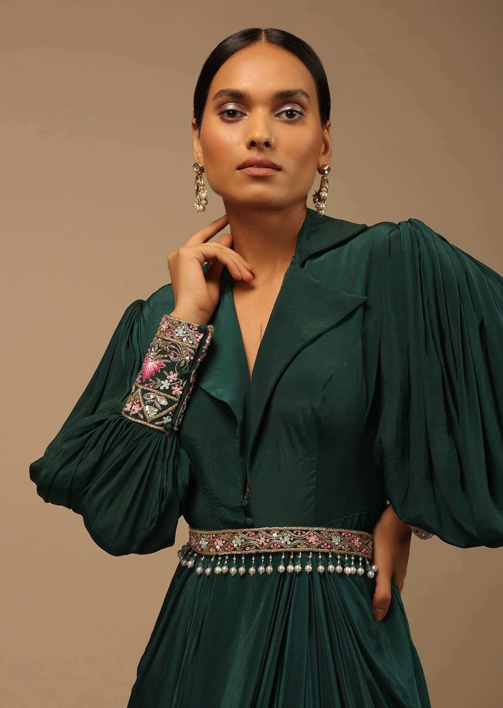 Buy Dark Pine Green High Low Gown With Collar Neckline Buy Dark Pine Green High Low Gown With Collar Neckline