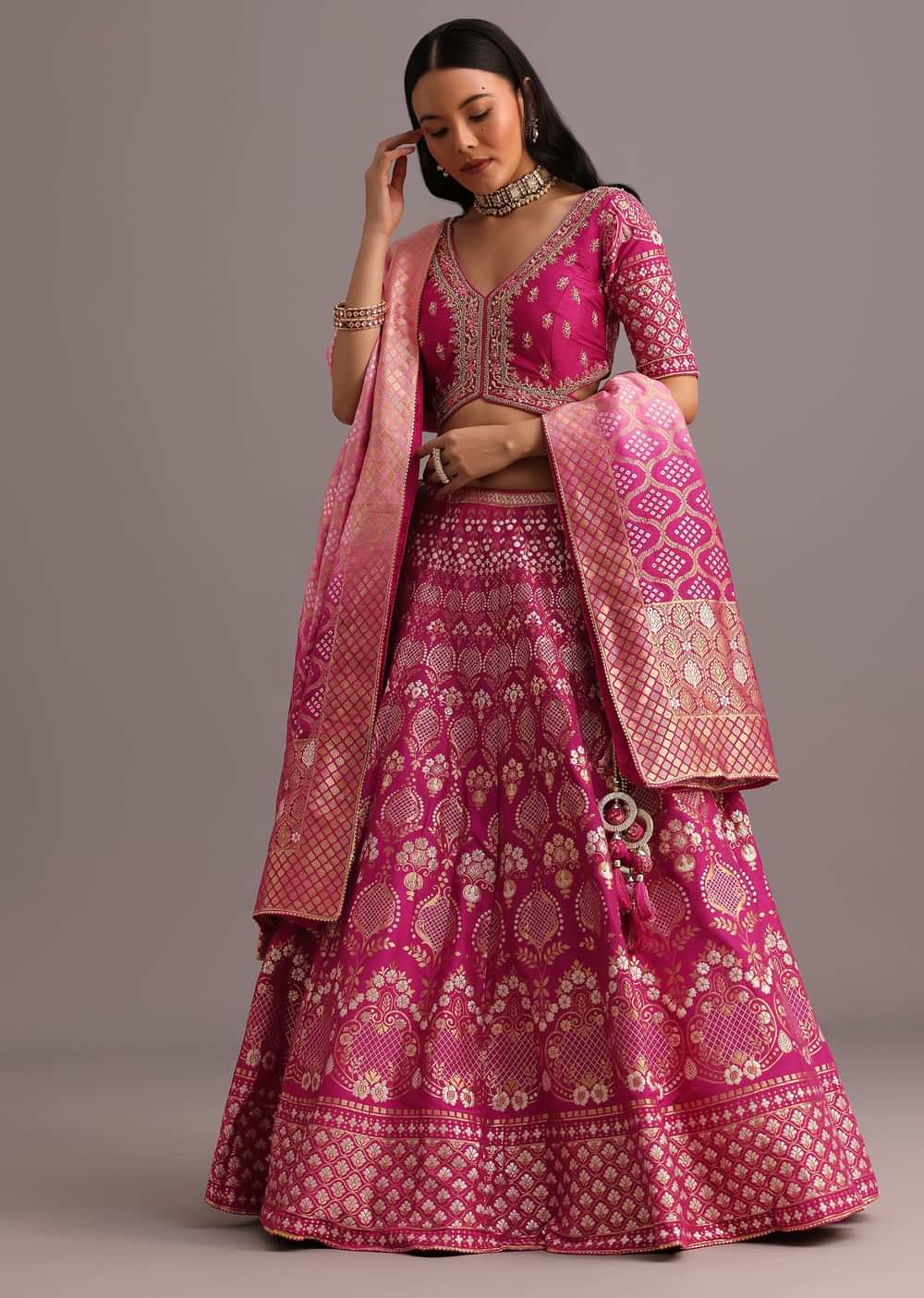 Dark Pink Embroidered Choli With Banarasi Weave Lehenga And Dupatta
