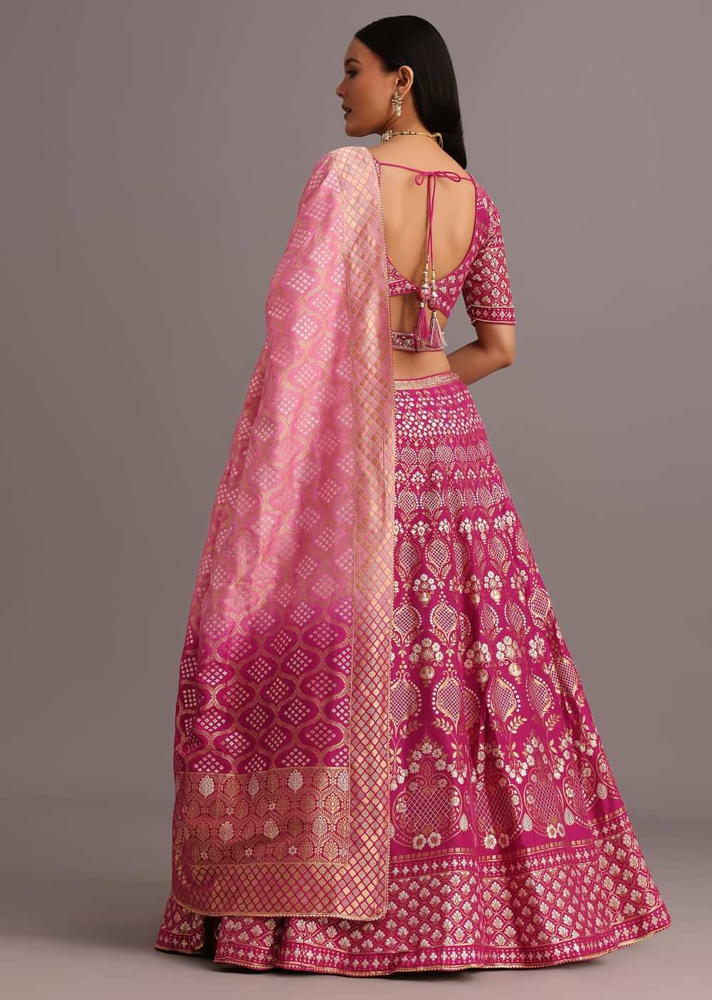 Dark Pink Embroidered Choli With Banarasi Weave Lehenga And Dupatta