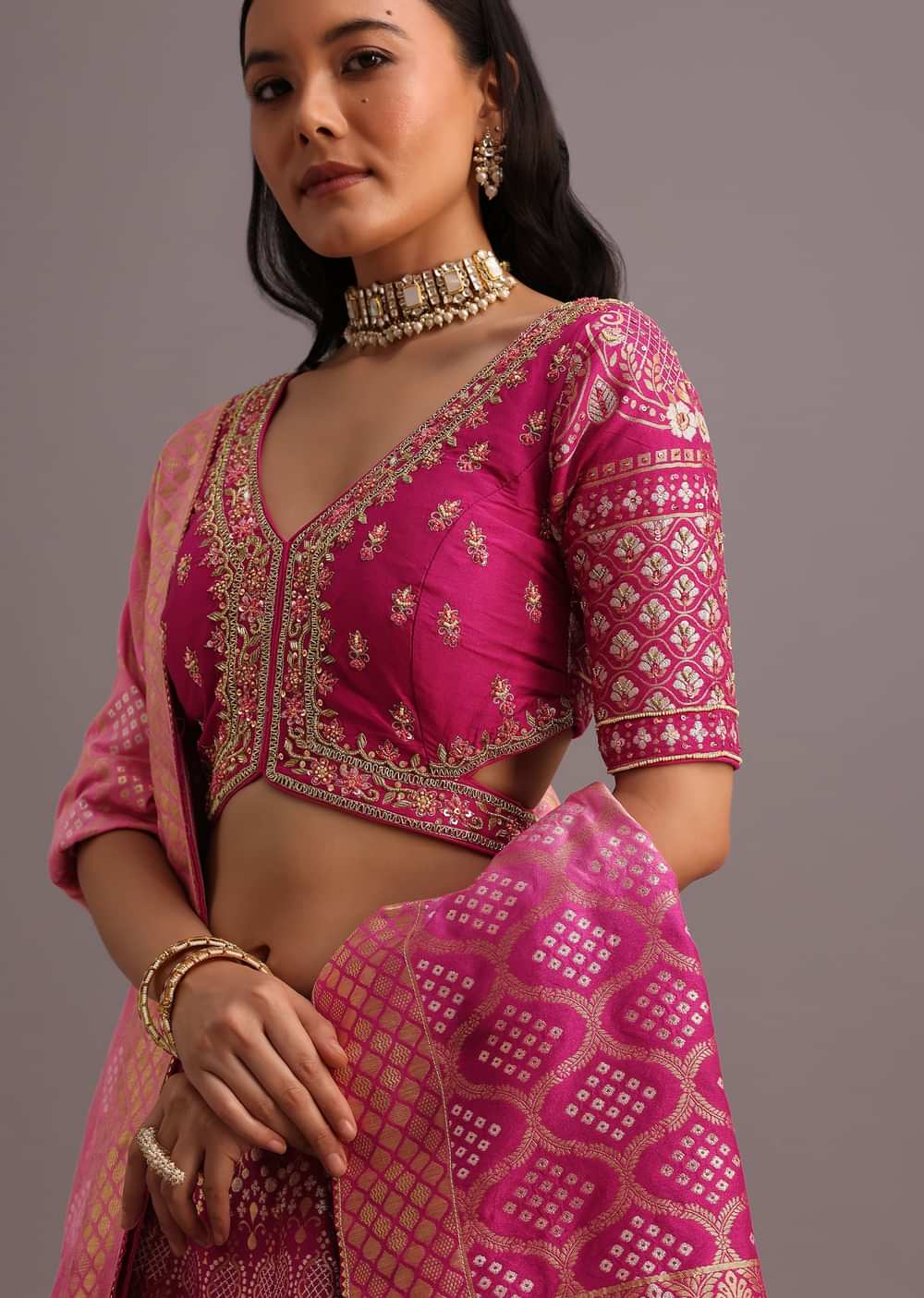Dark Pink Embroidered Choli With Banarasi Weave Lehenga And Dupatta