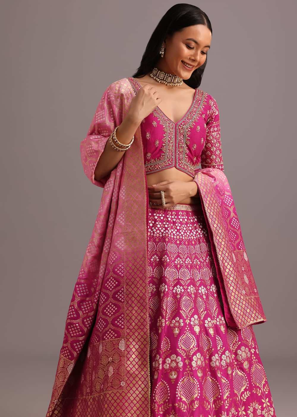 Dark Pink Embroidered Choli With Banarasi Weave Lehenga And Dupatta
