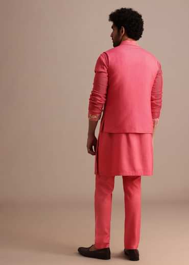 Dark Pink Embroidered Silk Kurta Jacket Set For Men
