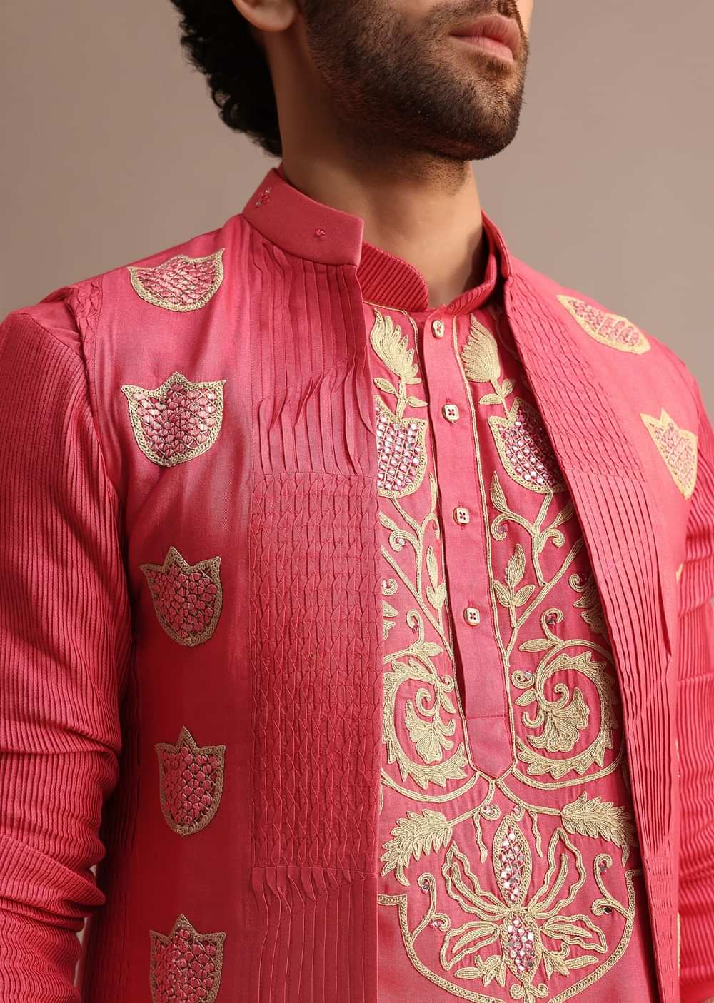Dark Pink Embroidered Silk Kurta Jacket Set For Men