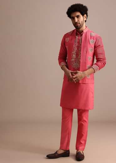 Dark Pink Embroidered Silk Kurta Jacket Set For Men