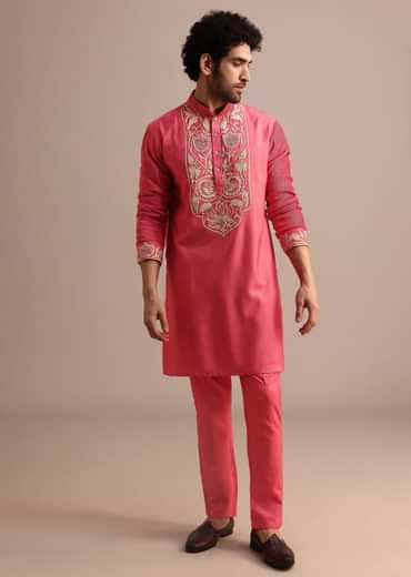Dark Pink Embroidered Silk Kurta Jacket Set For Men