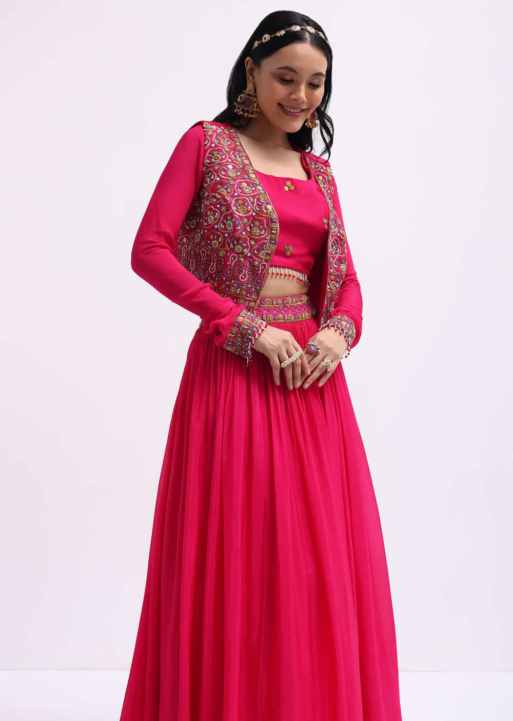 Dark Pink Embroidered Silk Lehenga Choli Set