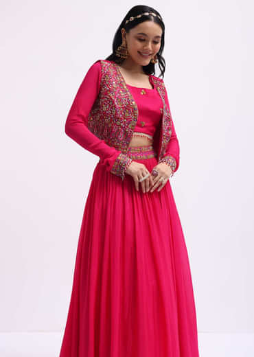 Dark Pink Embroidered Silk Lehenga Choli Set